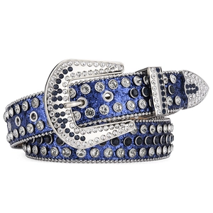 Close-up of deep blue rhinestone studded belt with glitter texture and Western buckle