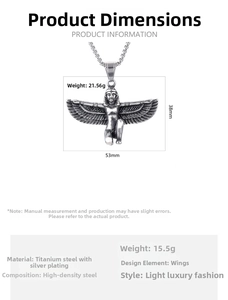 Detailed view of Egyptian wing pendant in stainless steel with 38mm by 53mm size specs
