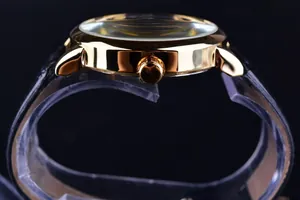 Macro side view of golden mechanical watch case with leather strap and crown details