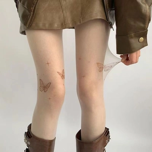 Collants couleur chair avec délicats imprimés de tatouages de papillons, bas sexy résistants.
