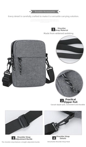 Detail view of grey nylon crossbody bag featuring detachable straps and smooth zippers
