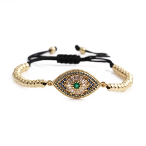 Adjustable evil eye charm bracelet with golden beads and colorful zircon stones