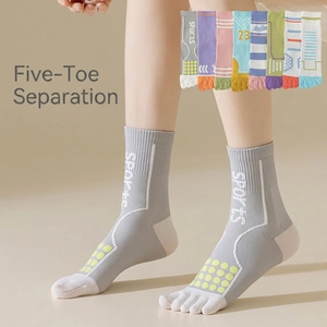 Women Five Toe Socks Cotton Blend Antibacterial Anti Odor Non Slip Sports Yoga Mid Calf Crew Length