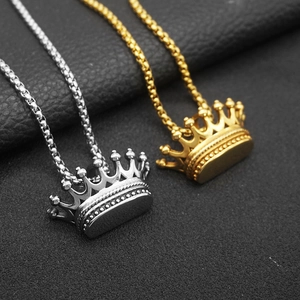 Punk style stainless steel crown pendant necklaces in gold and silver with box chains