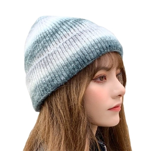 Women's warm knit beanie in gradient grey and white, stylish tie-dye autumn winter hat