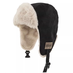 Black trapper hat with beige faux fur lining and ear flaps for winter warmth