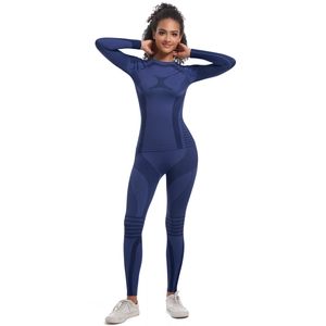 Blue athletic compression set featuring breathable knit texture and slimming ribbed design