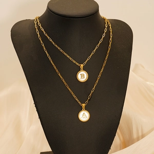 18K gold plated stainless steel necklace with white shell round letter pendants A and B