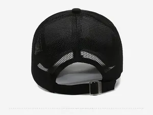 Rear view of black baseball cap showing breathable mesh panels and adjustable metal buckle
