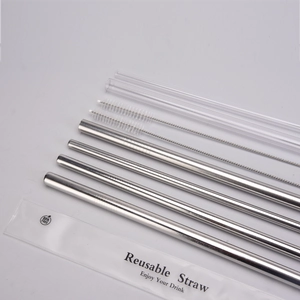 Reusable stainless steel and glass straws set with cleaning brushes and a portable pouch