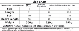 Size chart for women's cardigan sweater showing 100% polyester fabric details and dimensions