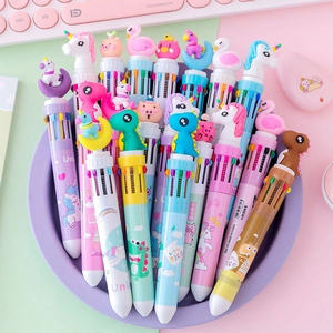 Creative 10-color shuttle ballpoint pen with cute cartoon animal toppers for students