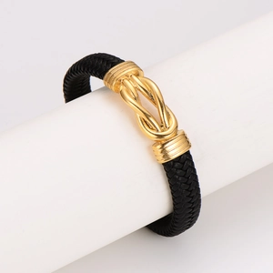Bracelet tressé en cuir noir pour hommes avec fermoir magnétique doré en forme de nœud