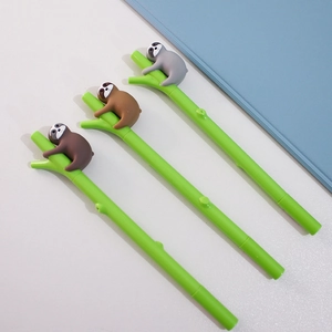 Three creative sloth-shaped pens with green branch-style barrels and cute silicone figures