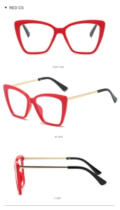 Detailed views of red cat-eye glasses frames with golden metal temples in multiple angles