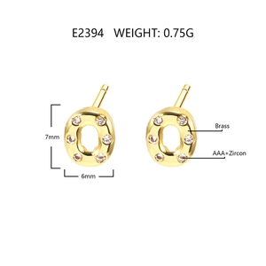 Detail view of 18k gold plated brass stud earrings with AAA+ cubic zirconia 7x6mm