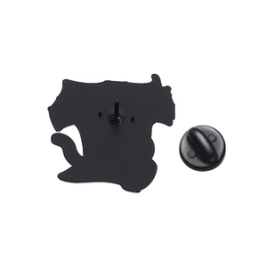 Detailed back view of a cat lapel pin showing the metal needle and black rubber clutch