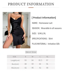 Size chart showing S-XL measurements for a silky satin backless slit nightgown dress