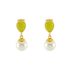 Elegant gold drop earrings with teardrop cat eye stones and round white pearls