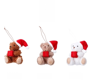 Detailed view of plush Christmas bears in brown, khaki, and white with festive red hats