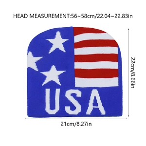 Detailed knit texture of USA flag beanie with size measurement 56-58cm for winter wear