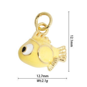 Detail of yellow enamel fish pendant showing 12.1mm height and 12.7mm width measurements