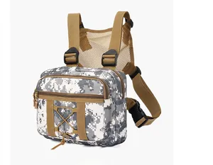 Detail of tactical chest bag with digital camouflage pattern and breathable mesh back panel