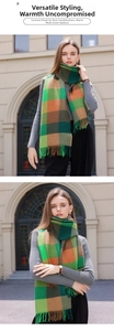 Detail of multi-color oversized plaid scarf with long fringes in autumn green and orange tones