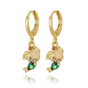 Detail of gold-plated dolphin earrings featuring vibrant green and purple inlaid zircons