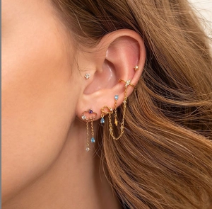 Detail of 18K gold earrings set with cloud charms, tassels and colorful zircon on model