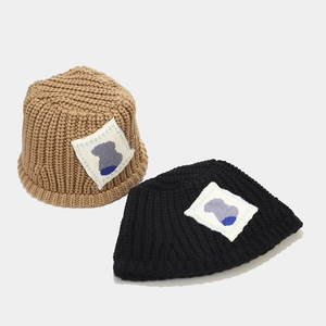 Women Knitted Bucket Hat Thick Warm Winter Acrylic Retro Japanese Style Hat With Abstract Patch Decor Casual