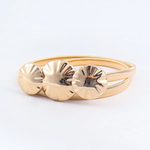 Elastic gold metal belt with triple round decorative buckles on a clean white background