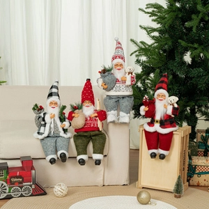 Set of four 12-inch sitting Santa Claus dolls in red, green, grey and plaid for holiday decor