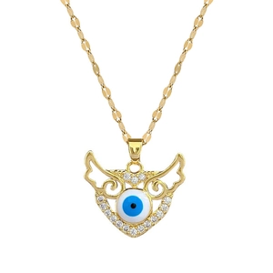 Luxury titanium heart wing necklace with blue evil eye pendant and crystal accents