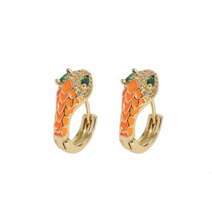 Serpent head hoop earrings with 14k gold plating, orange enamel and green gem eyes