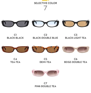 Flat lay display of narrow rectangular sunglasses in seven assorted fashion colors