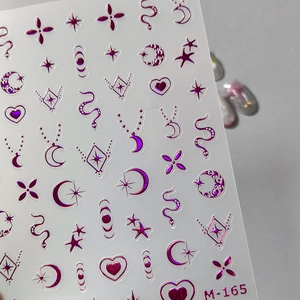 3D metallic magenta nail stickers with celestial moon and star designs style M-165