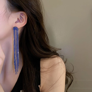 Detail of elegant blue metal tassel earrings worn by a model in a side profile view