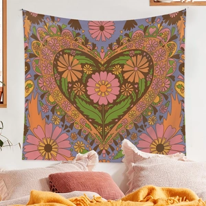 Bohemian floral wall tapestry featuring retro daisy heart design for bedroom decor