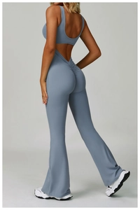 Rear view of misty blue yoga bodysuit with scrunch butt lifting and racerback design