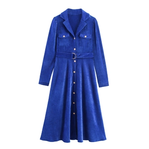 Vestito Maxi Lungo Da Donna Velluto Ciniglia Collo A Giacca Bottoni Vita Alta Con Cintura Vintage Elegante Blu