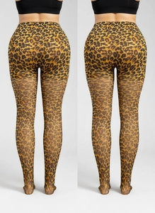 Détail de collants taille haute à motif léopard avec large ceinture pour gainage ventral