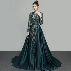 Long Sleeve Sequined Embroidery Evening Dress Satin Trailing Floor Length Formal Party Gown For Women Elegant Luxury