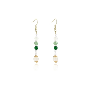 Detail of elegant gold ear hooks with cascading green jade beads and pearls on white surface