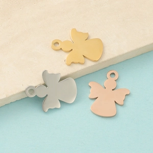 Polished stainless steel angel pendants in gold, silver, and rose gold finishes