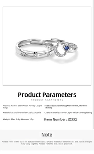 Detail of Star and Moon 925 silver couple rings with blue cubic zirconia stones