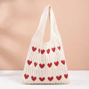 Women Knit Tote Bag Heart Pattern Polyester Crochet Shoulder Bag Large Capacity Casual Shopping Handbag Soft Cable Knit