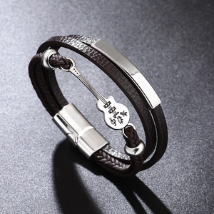 Men Multilayer Faux Leather Bracelet With Alloy Guitar Pendant Magnetic Clasp Punk Music Style Fashion Jewelry