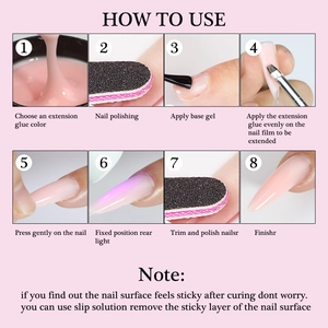 Detailed 8-step application guide for nude color nail extension gel with UV lamp usage