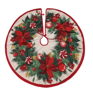 Detailed top view of 90cm Christmas tree skirt with festive poinsettia and berry print